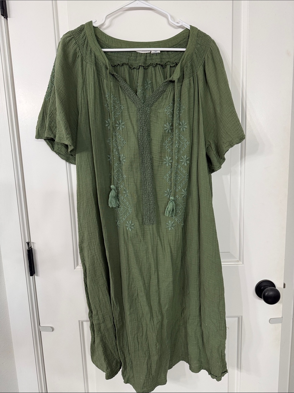 Lucky Brand Olive Green Embroidered Peasant Dress